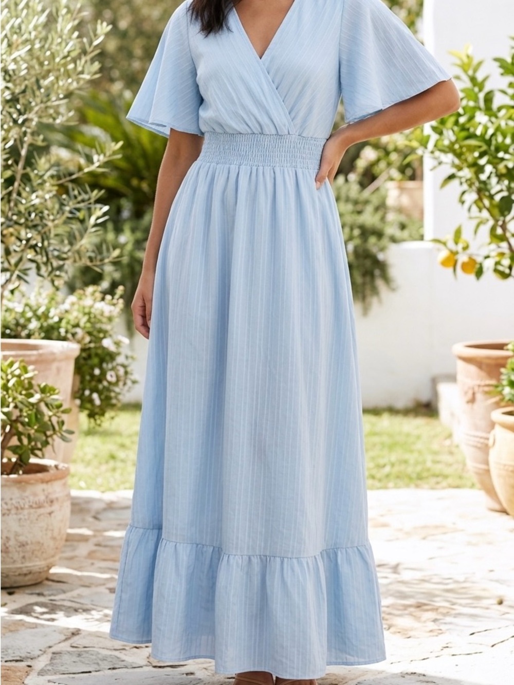 Light Blue V-Neck Smocked Waist Maxi Dress